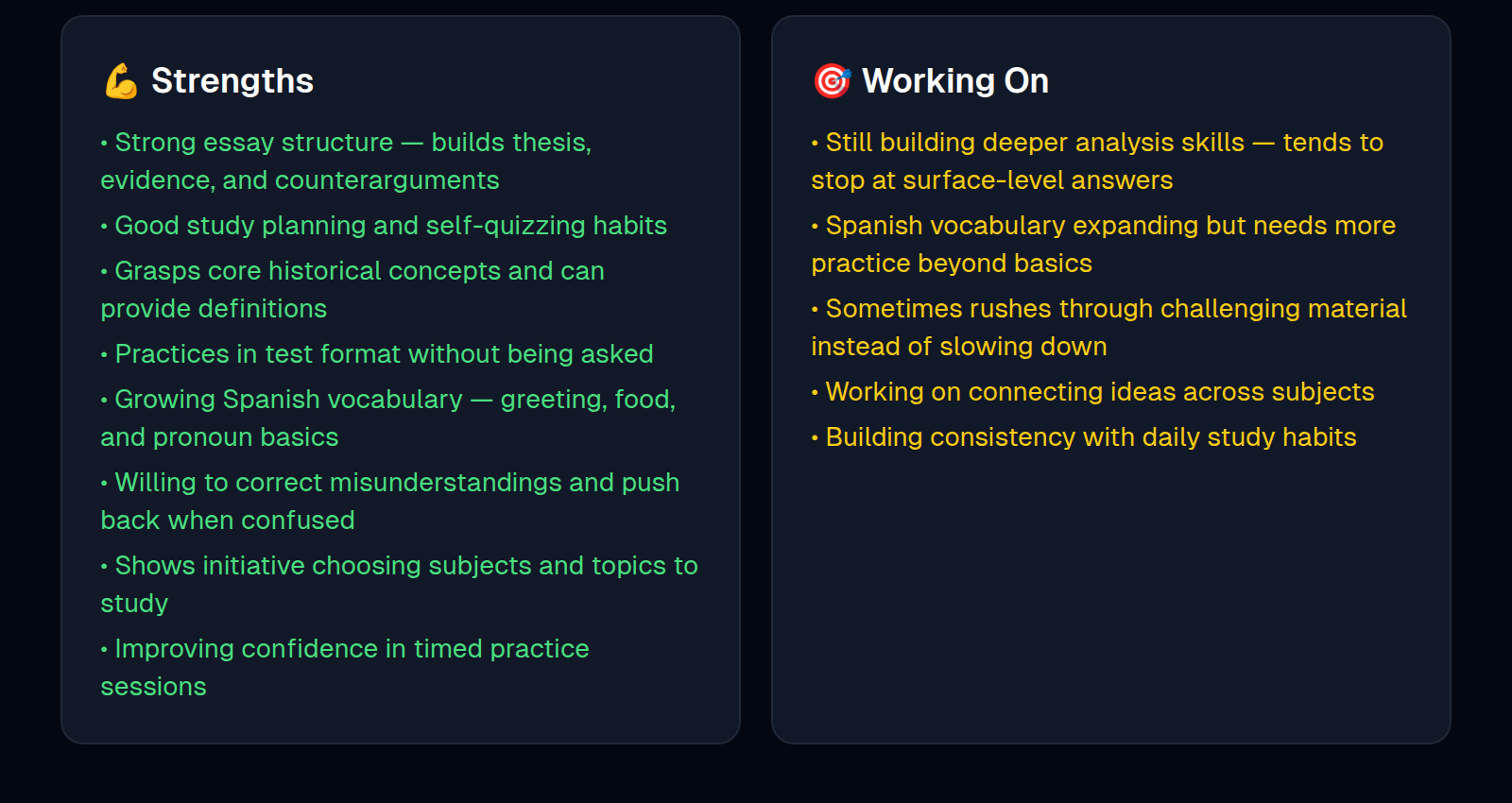 Student strengths and areas to improve
